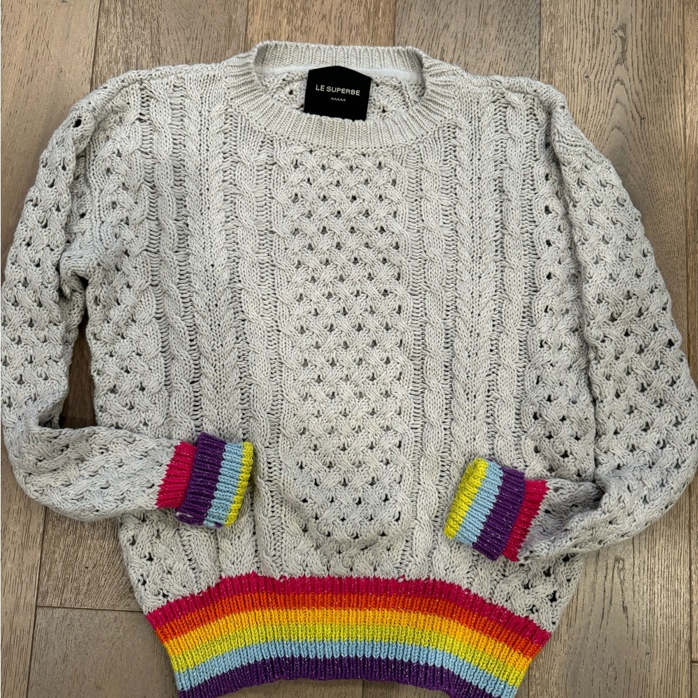 Le Superbe  gray cotton/ cashmere sweater with rainbow trim